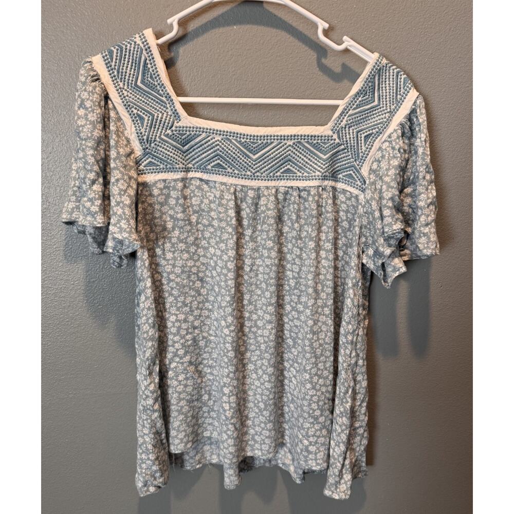 Heyson Women's Geometric Floral Print Blouse Size L Teal/Gray